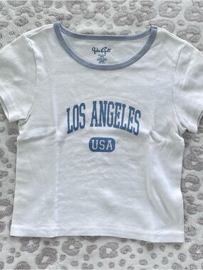 Brandy Melville White Crop Tee with Light Blue 'Los Angeles USA' Graphic